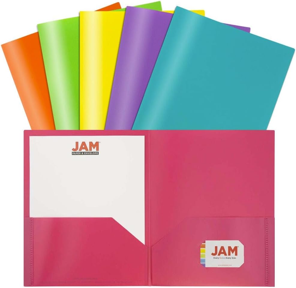 JAM PAPER Plastic 2 Pocket POP Folders - Durable School Folders - Assorted Fashion Colors - Bulk 144 Folders/Box (24 Assorted Packs of 6)