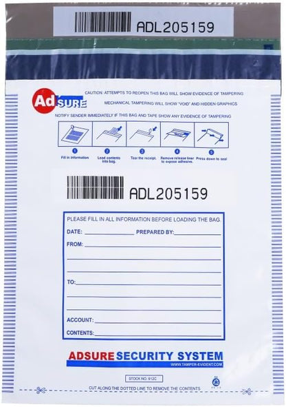 9" x 12",White, 100 Bags, Level 2 Tamper-Evident Deposit Bags for Cash Handling & Valuables, Moisture, Tear-off receipt + Barcodes and Serial Number