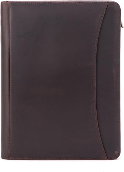 3 Ring Binder Genuine Leather Portfolio, Front Pocket, 8.5 x 11 Legal Pad Padfolio for Men and Women, Zip Notepad Laptop Organizer, Professional Business Executive Work Folio, Dark Brown