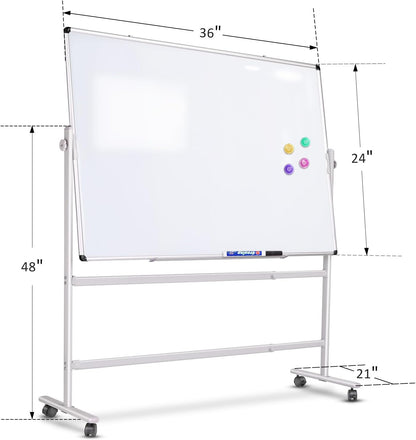 Large Rolling White Board 48x36 in, Dry Erase Board with Stand, Double-Sided Magnetic Mobile Whiteboard, Height-Adjustable for Office Classroom and Home