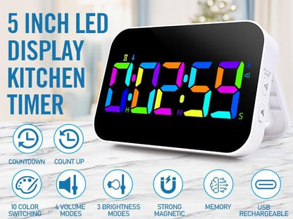 Kitchen Timer （1.5" Number） 10 RGB Color Changing Digital Magnetic Timer, Countdown/Up, Rechargeabilit, 3 Brightness Display, 3 Volume Levels and Vibration Mode, for Classroom, Study, Fitness