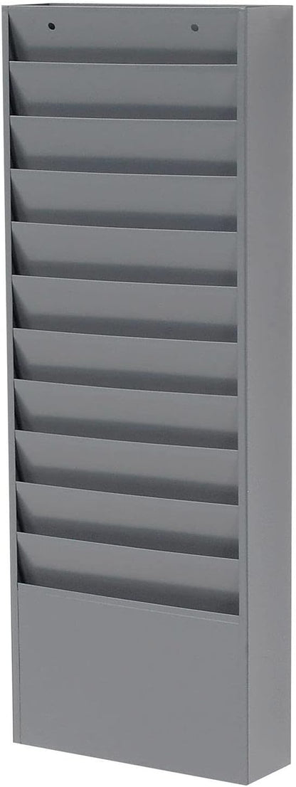 Global Industrial Steel Medical Chart Hanging Wall File Holder, 11 Pockets, Gray, Wall Mounted Magazine and File Folder Holder, 12-1/4"W x 8-3/8"H Pockets