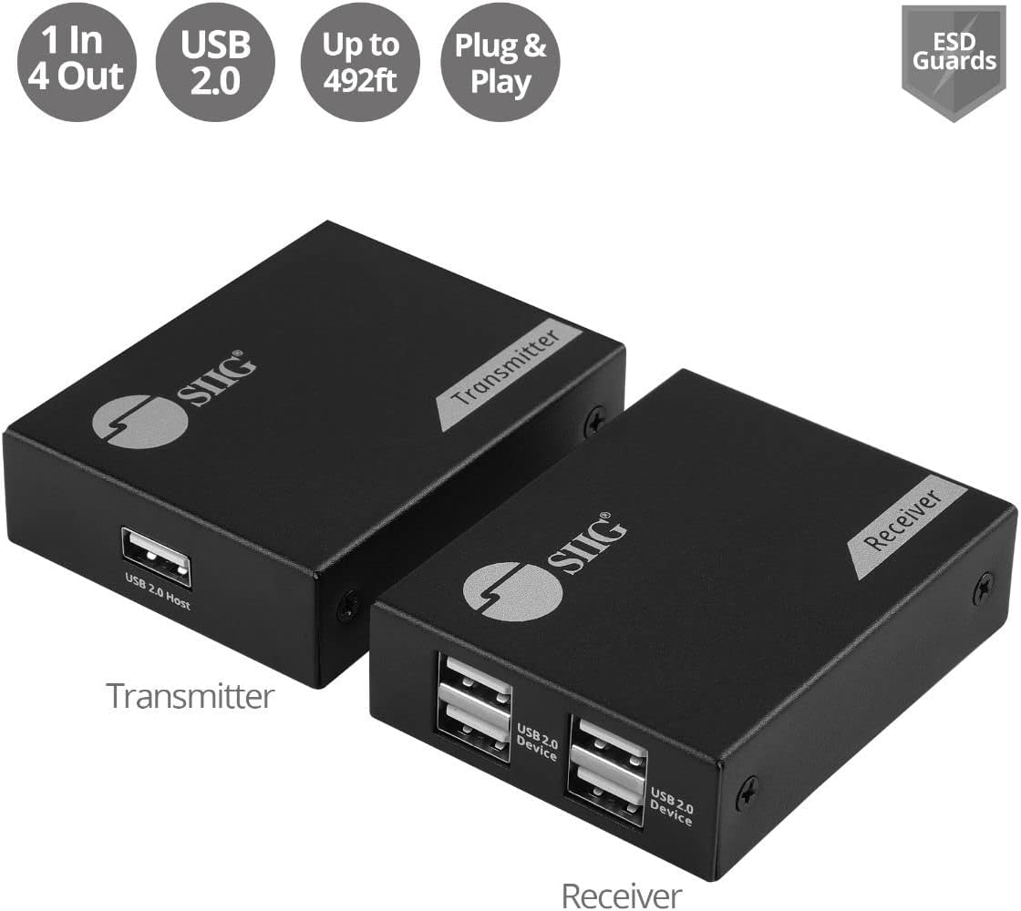 SIIG 4-Port USB 2.0 Extender 492ft Over Cat6/ 7 Cable, Cat5e Cable up to 330ft, Plug and Play, High Speed Transfer, for PC, Surveillance, Video Conference, Gaming (JU-EX0411-S1)