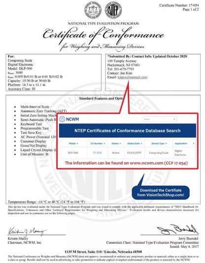 VisionTechShop DLP-300 Label Printing Scale Pole Display, 30/60lbs Capacity, 0.01/0.02lbs, NTEP Legal for Trade with a Free 1 case CAS LST-8040 UPC/Safe Handling Label, 58 x 60 mm