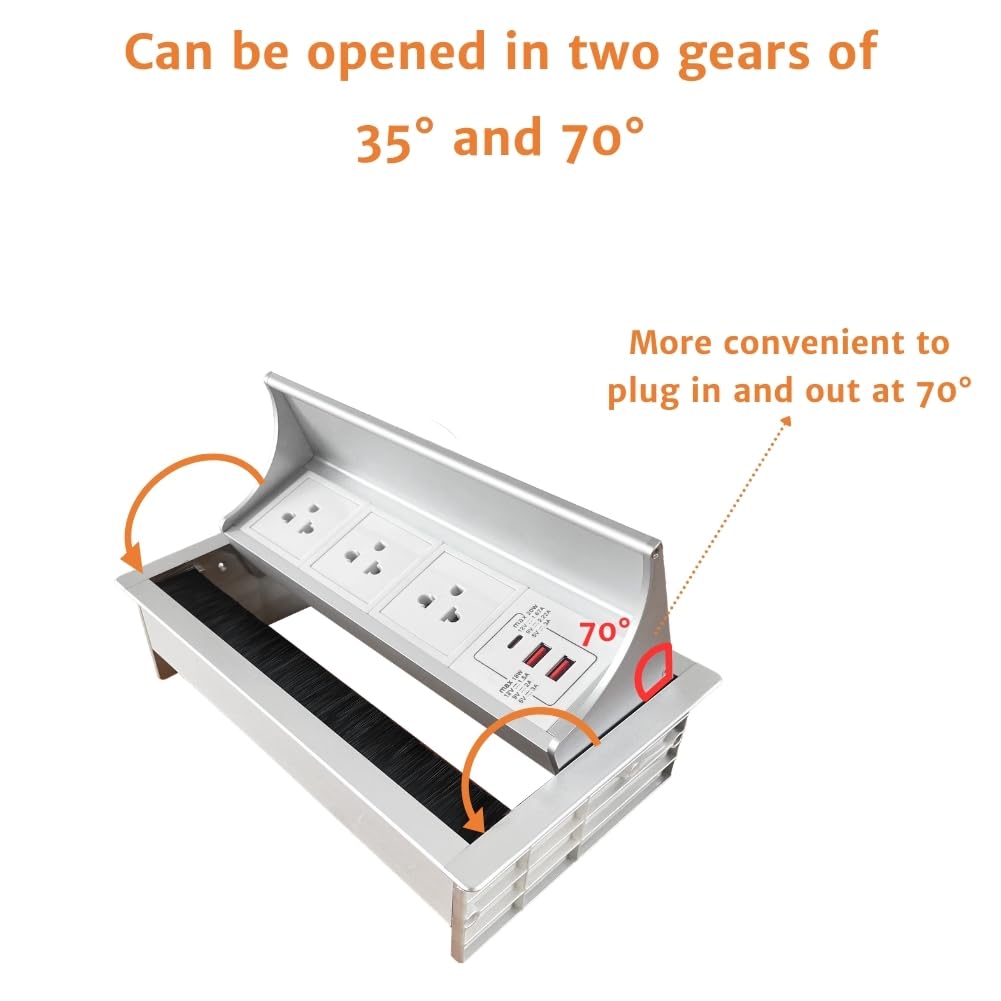 ZESHAN Conference Table Power hub Desktop pop up Outlet with 3 US Plugs and USB C Fast Charger for Home Office Tabletop, 1.8M Extension Power Cord for Desk, Silver