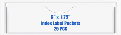 Origin-Joy 25 PCS Self-Adhesive Index Label Pockets, Clear Plastic Peel & Stick Card Holders with Top Open for Loading (6 x 1.75 inch)