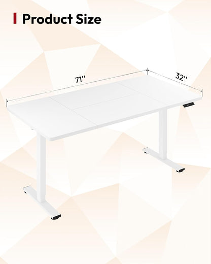 SANODESK Electric Standing Desk 71 x 32 Inches Height Adjustable Stand Up w/6-Button Controller Ergonomic Computer Desk with Splice Board for Home Office, White Frame + White Tabletop