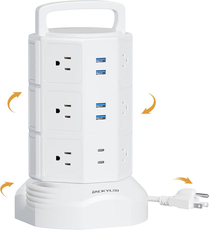 Power Strip Tower Surge Protector, JACKYLED 12 Outlets 6 USB (2 USB C) Charging Station, Extension Cord with Multiple Outlets, 1050J 1625W/13A Outlet Extender 6.5ft Extension Cord for Home Office