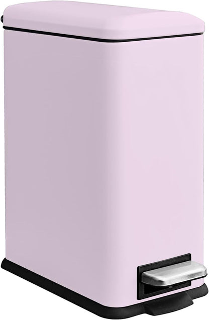 Bathroom Trash Can with Lid, 2.6 Gallon Stainless Steel Slim Garbage Can, Pedal Trash Bin with Removable Liner Bucket, 10L Rectangle Trash Bin for Bedroom, Kitchen, Office (Pink)
