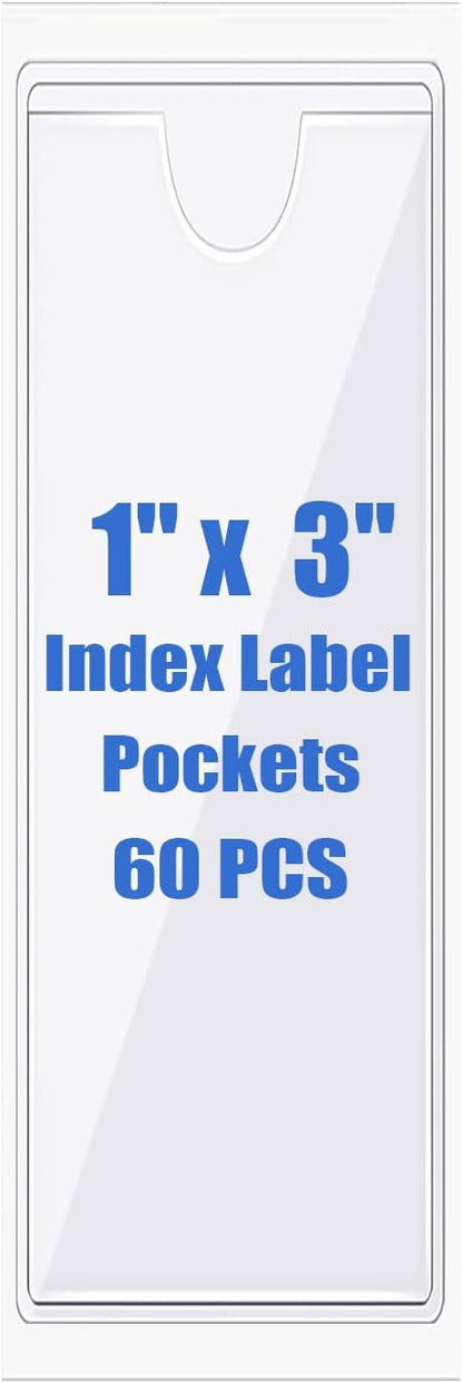 Origin-Joy 60 PCS Self Adhesive Index Card Pockets with Top Open, Clear Plastic Label Holder for Notes, Library and Business, Adhesive Label Pockets & Holder (1 x 3 inch)
