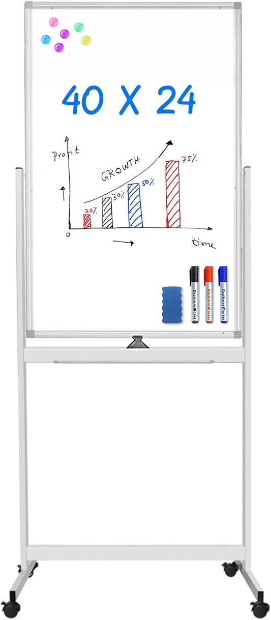 Magnetic Mobile White Board, 40 x 24 Double Sided Dry Erase Board Rolling Whiteboard Aluminum Frame Standing Whiteboard on Wheels