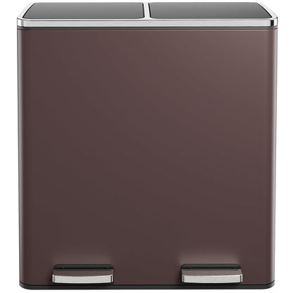 AthLike 60L(16 Gal) Dual Trash Can, Stainless Steel Kitchen Garbage Can, Double Compartment Classified Rubbish Bin, Recycle Dustbin w/Plastic Inner Buckets, Handle, Soft-Close Lid, Airtight, Brown