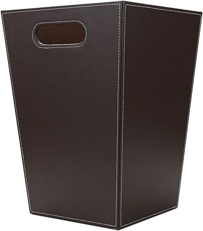 KINGFOM Classic Pu Leather Trash Can Wastebasket, Garbage Container Bin with Handles for Bathrooms, Powder Rooms, Kitchens, Home, Office and and High Class Hotel Square Brown