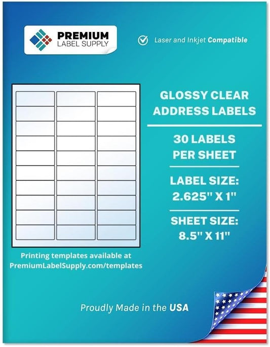 Premium Label Supply Glossy Clear Address Labels – 2.625" x 1" – Laser/Inkjet Compatible – (30 per Sheet), 500 Sheets - 15,000 Total Adhesive Labels