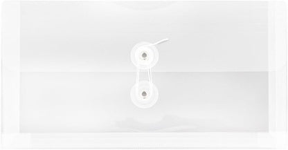 JAM PAPER Plastic Envelopes with Button & String Tie Closure - #10 Business Booklet - 5 1/4 x 10 - Clear - 12/Pack