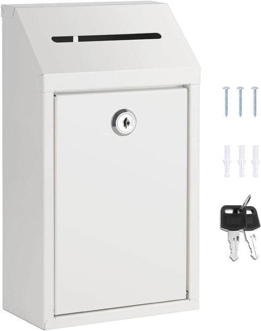 Metal Donation Money Cash Drop Box with Lock and Slot Suggestion Box Wall Mounted Ballot Container Mailbox Delivery for Home Office (White, 10.24″ x 5.71″ x 2.95″)