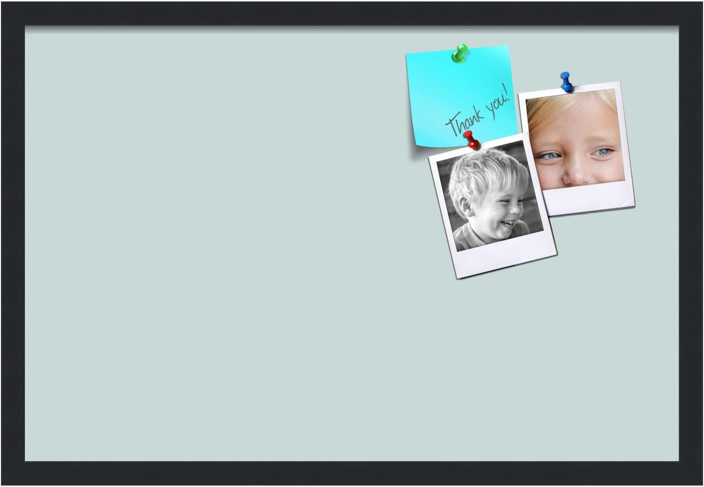 PinPix 27x18 Inch Cork Bulletin Board. This Decorative Framed Pin Board Comes with Soft Blue Design and a Satin Black Frame. Ideal for Home Office Decor or Message Board (PinPix-1814)