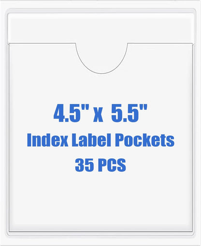 Origin-Joy 35 PCS Self Adhesive Index Card Pockets with Top Open, Clear Plastic Label Holder for Cards of Note, Library and Business, Adhesive Label Pockets & Card Holder (4.5 x 5.5 inch)
