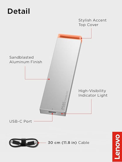 Lenovo PS8S 1TB Portable SSD, Up to 1050MB/s Read, 1000MB/s Write, USB 3.2 USB-C, Slim Lightweight (40g) Aluminum Body, Reliable Storage for PC/Mac & Android