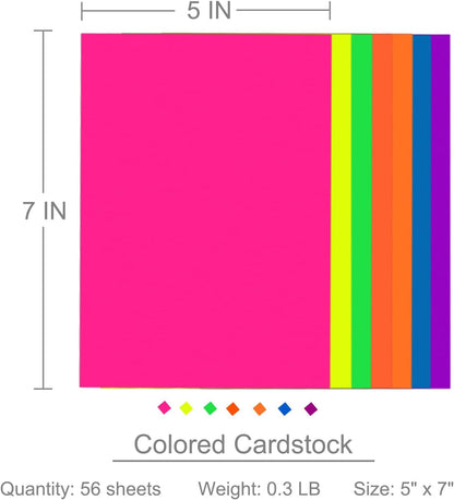 Colored Cardstock 5 in x 7 in,56 Sheet Fluorescent Neon Index Paper 250 GSM/90 LB HeavyWeight Card Stock Set of 7 Colors for Cutting DIY Art Craft