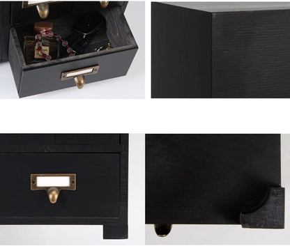 Apothecary Cabinet with 10 Drawers & Labels Rustic Library Card Catalog Cabinet Desktop Wooden Storage Box for Organize Herbal、Tea Bag、Jewelry (Black)