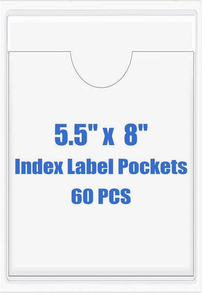 Origin-Joy 60 PCS Self Adhesive Index Card Pockets with Top Open, Clear Plastic Label Holder for Cards of Note, Library and Business, Adhesive Label Pockets & Card Holder (5.5 x 8 inch)