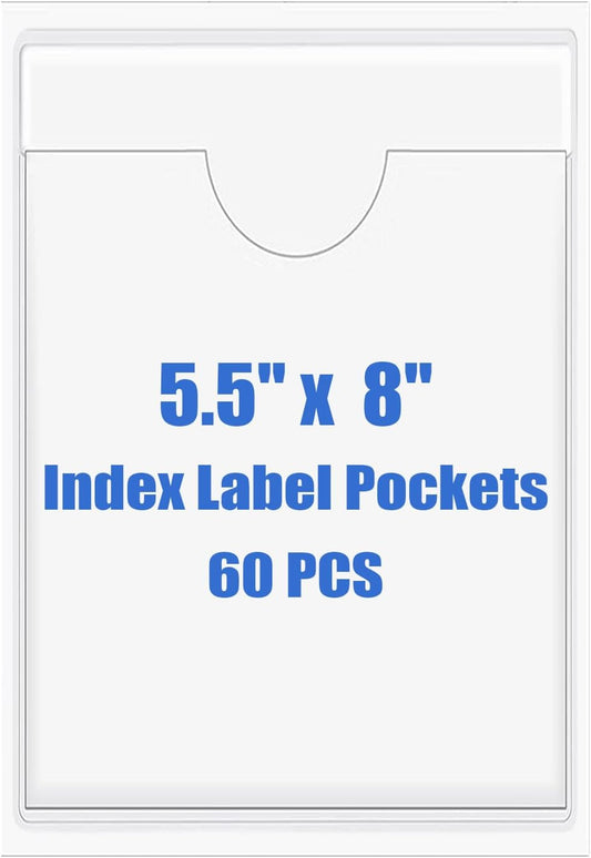 Origin-Joy 60 PCS Self Adhesive Index Card Pockets with Top Open, Clear Plastic Label Holder for Cards of Note, Library and Business, Adhesive Label Pockets & Card Holder (5.5 x 8 inch)