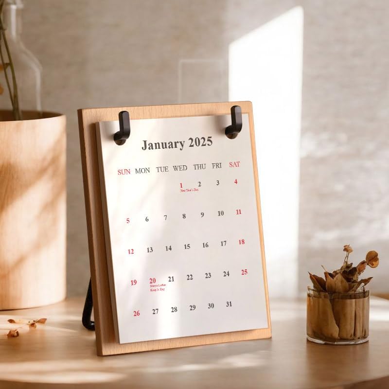 2025 2006 Retro Desktop Calendar Beech Wood Calendar with Iron Brackets Suitable for Office Business Home (Beech Wood)