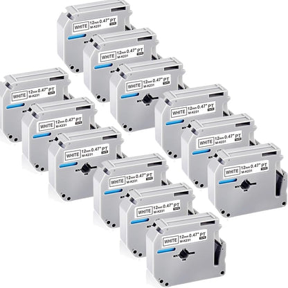 12Pack M-K231 Replacement for Brother M Tape 12mm 0.47'' White, M-K231s MK231s M231 Label Tape Replace for Brother PTouch PT-M95, PT-90, PT-70, PT-65, PT-60, PT-45 Label Maker Refills