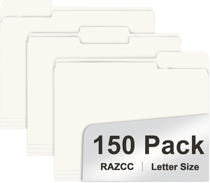 File Folder, RAZCC 150 Pack 1/3 Cut Tab File Folders Letter Size, Folders for Dcouments, Folders with Tab Great for Organizing and Easy File Storage, White