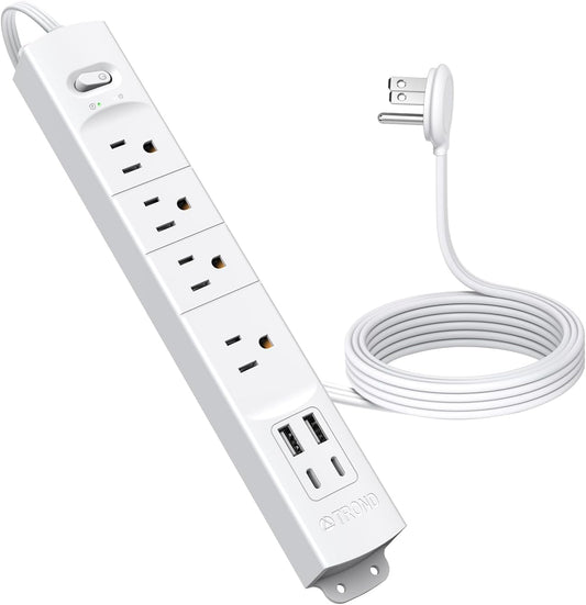 TROND Flat Plug Power Strip USB-5ft Flat Extension Cord Surge Protector Wall Mount, 2 Type C & 2 USB A Ports with Multiple Outlets, 1440J, 1625W for Office Supplies Dorm Room Essentials, White