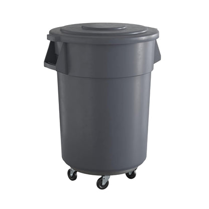 55 Gallon Gray Round Commercial Trash Can with Lid and Dolly