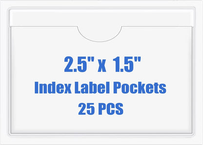 Origin-Joy 25 PCS Self-Adhesive Index Label Pockets, Clear Plastic Peel & Stick Card Holders with Top Open for Loading (2.5 x 1.5 inch)