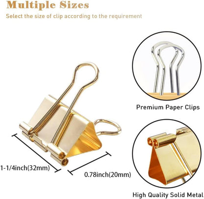 Medium Binder Clips Width 1.25 Inch Capacity 0.6 Inch Gold 24 PCS, Binder Clips 32mm for Teacher School Office and Business