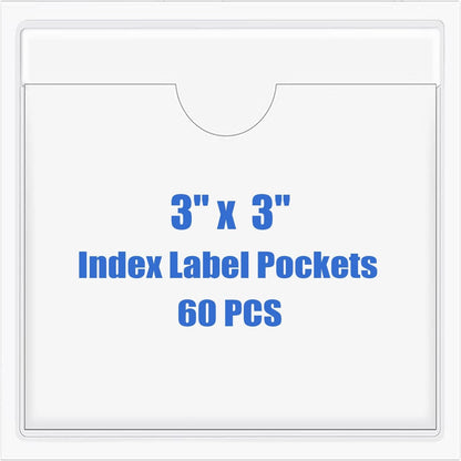 Origin-Joy 60 PCS Self Adhesive Index Card Pockets with Top Open, Clear Plastic Label Holder for Cards of Note, Library and Business, Adhesive Label Pockets & Card Holder (3 x 3 inch)