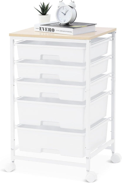 Utility Cart with 5 Drawers,Storage Drawer Cart with Wooden Tabletop and Lockable Wheels,Craft Storage Trolley Cart,5-Tier Rolling Utility Cart on Wheels,Bright White