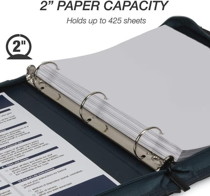 Samsill Leather Binder, Classic Collection - Zippered, Executive Presentation Portfolio, 1.5 Inch Round Ring (Holds 325 Sheets), Silver Corner Accents, Navy