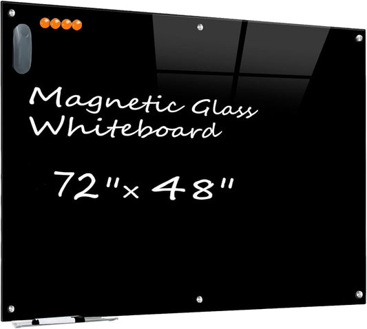 KIZZBY Magnetic Glass Dry Erase Board - Large Black Whiteboard for Wall 72"x48" Frameless Black Board for Office, Home & School