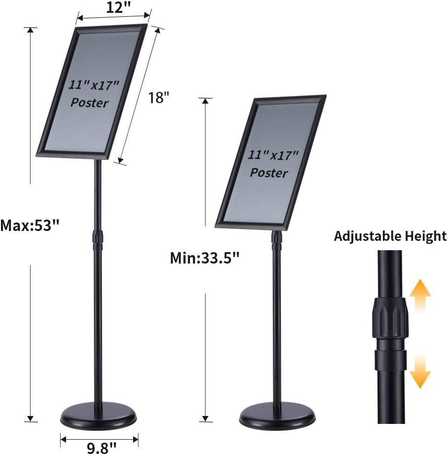 11x17 Inch Pedestal Standing Sign Holder Stand Poster Stand , Black Adjustable Floor Standing Sign Holder with Aluminum Snap Open Frame for Vertical/Horizontal Sign Display
