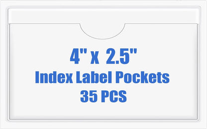 Origin-Joy 35 PCS Self Adhesive Index Card Pockets with Top Open, Clear Plastic Label Holder for Notes, Library and Business, Adhesive Label Pockets & Card Holder (4 x 2.5 inch)