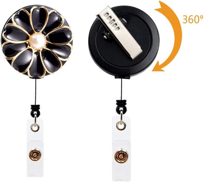 Retractable Badge Holder, ID Badge Reel with Pearl, 3 Pack (Black)