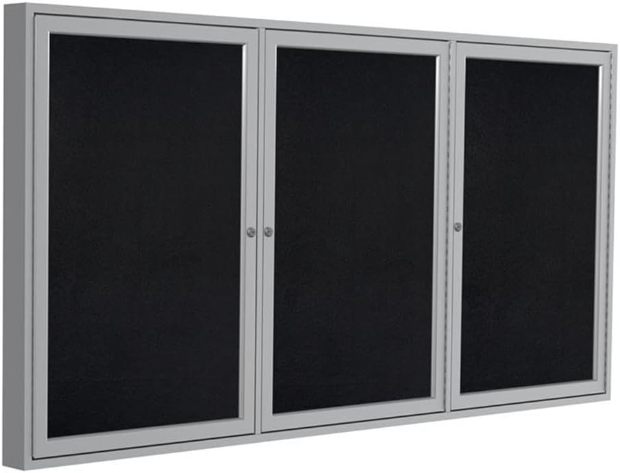 Ghent 48" x 72" 3-Door indoor Enclosed Recycled Rubber Bulletin Board, Shatter Resistant, with Lock, Satin Aluminum Frame,Black (PA34872TR-BK)-Made in the USA