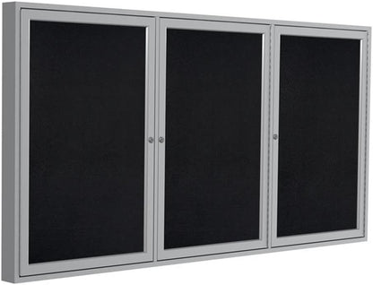 Ghent 48" x 72" 3-Door indoor Enclosed Recycled Rubber Bulletin Board, Shatter Resistant, with Lock, Satin Aluminum Frame,Black (PA34872TR-BK)-Made in the USA