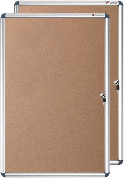 VIZ-PRO Tamperproof Lockable Cork Noticeboard Class 1 Aluminium Framed 36x24 Inches, Pack of 2