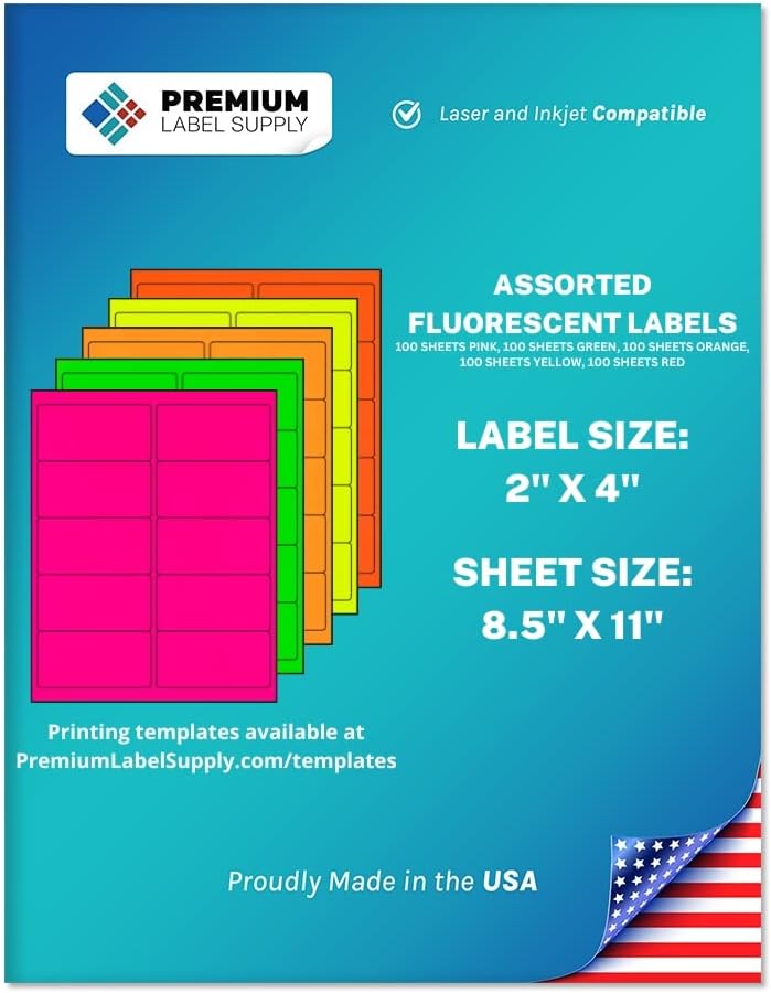 Premium Label Supply Bright Neon Color Fluorescent Stickers - 2" x 4" Labels - (Assorted Fluorescent, 5000 Labels)