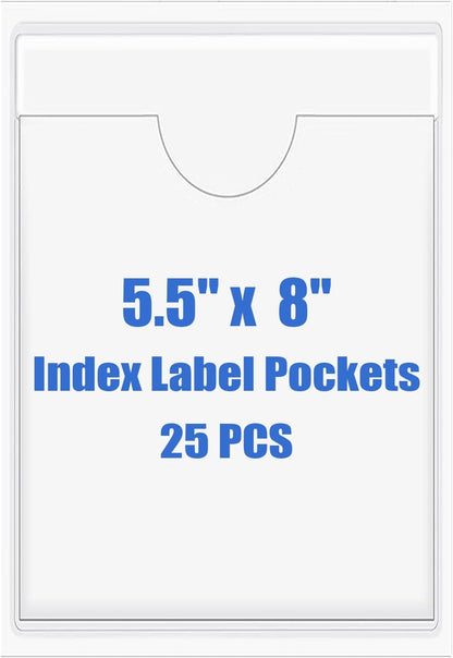 Origin-Joy 25 PCS Self-Adhesive Index Label Pockets, Clear Plastic Peel & Stick Card Holders with Top Open for Loading (5.5 x 8 inch)