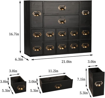 Apothecary Drawers Card Catalog Cabinet with 14 Drawers Wooden Card Catalog Wooden Storage Box for Desktop Organizer (Black)