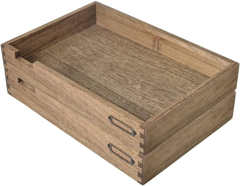 KIRIGEN Wooden Stackable Office Letter Organizer Desk Tray Pack of 2 - Wood Two Tier Tray for Desktop Organizeration with Metal Label Card Holder - Inbox Tray for Desk,Dark Brown 2TTP-DBR