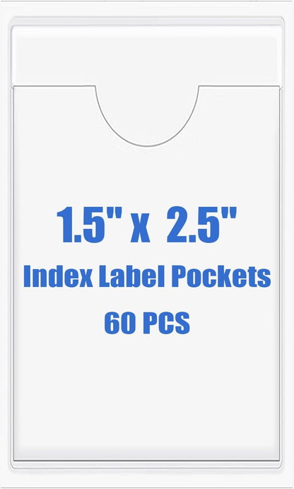 Origin-Joy 60 PCS Self Adhesive Index Card Pockets with Top Open, Clear Plastic Label Holder for Cards of Note, Library and Business, Adhesive Label Pockets & Card Holder (1.5 x 2.5 inch)