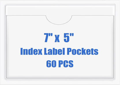 Origin-Joy 60 PCS Self Adhesive Index Card Pockets with Top Open, Clear Plastic Label Holder for Cards of Note, Library and Business, Adhesive Label Pockets & Card Holder (7 x 5 inch)